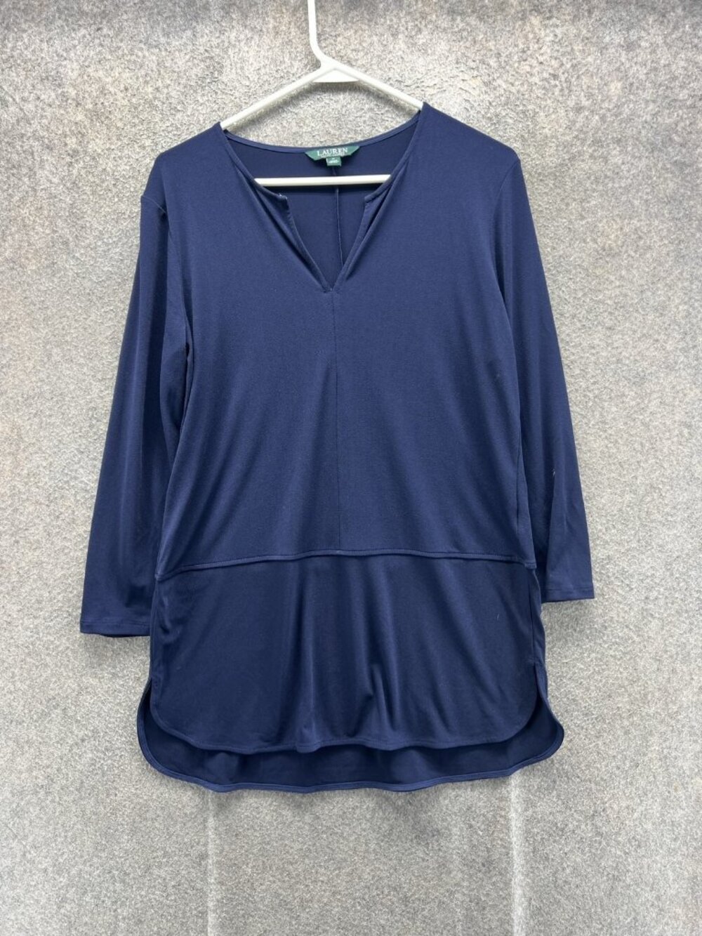 Lauren Ralph Lauren Blouse Women Medium Blue V Neck 3/4 Sleeve Tunic Top Casual